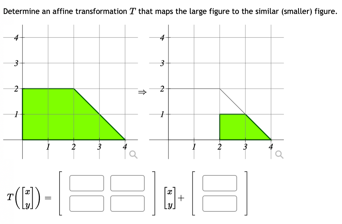 Determine an affine transformation T that maps the large figure to the similar (smaller) figure.
3
2
1
*([:]) -
T
3
1.F
介
3
N
+
2
=
3
a
