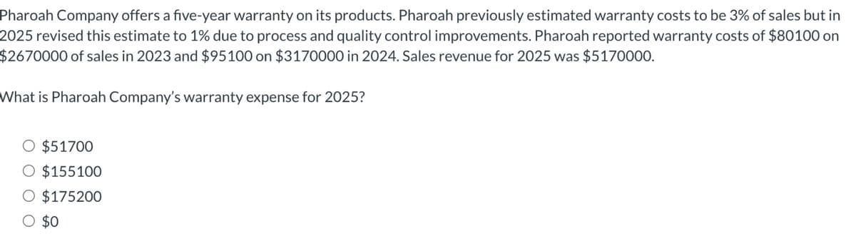 Pharoah Company offers a five-year warranty on its products. Pharoah previously estimated warranty costs to be 3% of sales but in
2025 revised this estimate to 1% due to process and quality control improvements. Pharoah reported warranty costs of $80100 on
$2670000 of sales in 2023 and $95100 on $3170000 in 2024. Sales revenue for 2025 was $5170000.
What is Pharoah Company's warranty expense for 2025?
$51700
$155100
$175200
$0