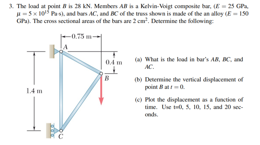 3. The load at point B is 28 kN. Members AB is a Kelvin-Voigt composite bar, (E = 25 GPa,
u = 5 x 1015 Pa-s), and bars AC, and BC of the truss shown is made of the an alloy (E = 150
GPa). The cross sectional areas of the bars are 2 cm?. Determine the following:
F0.75 m→|
0.4 m
(a) What is the load in bar's AB, BC, and
АС.
В
(b) Determine the vertical displacement of
point B at t = 0.
1.4 m
(c) Plot the displacement as a function of
time. Use t=0, 5, 10, 15, and 20 sec-
onds.
C
