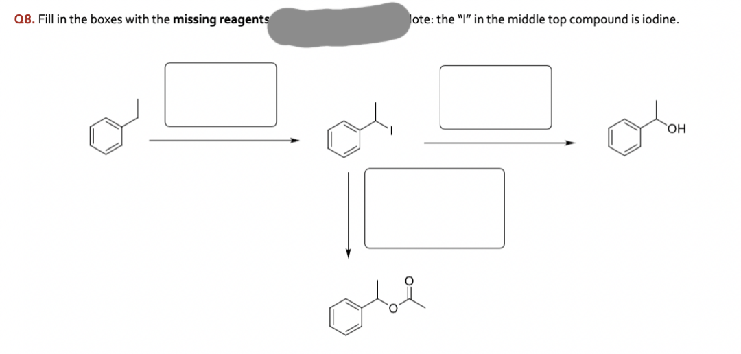 Q8. Fill in the boxes with the missing reagents
lote: the "I" in the middle top compound is iodine.
ove
ol
OH