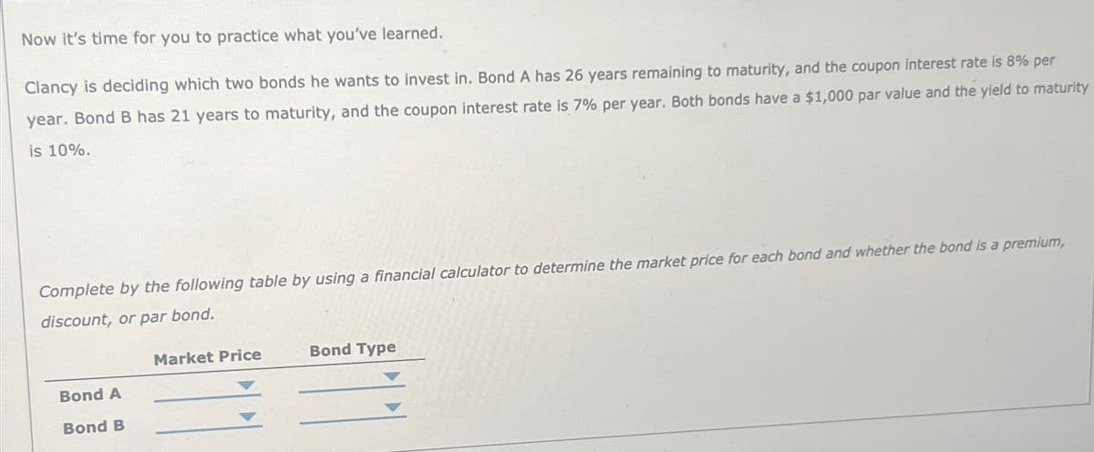 Now it's time for you to practice what you've learned.
Clancy is deciding which two bonds he wants to invest in. Bond A has 26 years remaining to maturity, and the coupon interest rate is 8% per
year. Bond B has 21 years to maturity, and the coupon interest rate is 7% per year. Both bonds have a $1,000 par value and the yield to maturity
is 10%.
Complete by the following table by using a financial calculator to determine the market price for each bond and whether the bond is a premium,
discount, or par bond.
Market Price
Bond Type
Bond A
Bond B