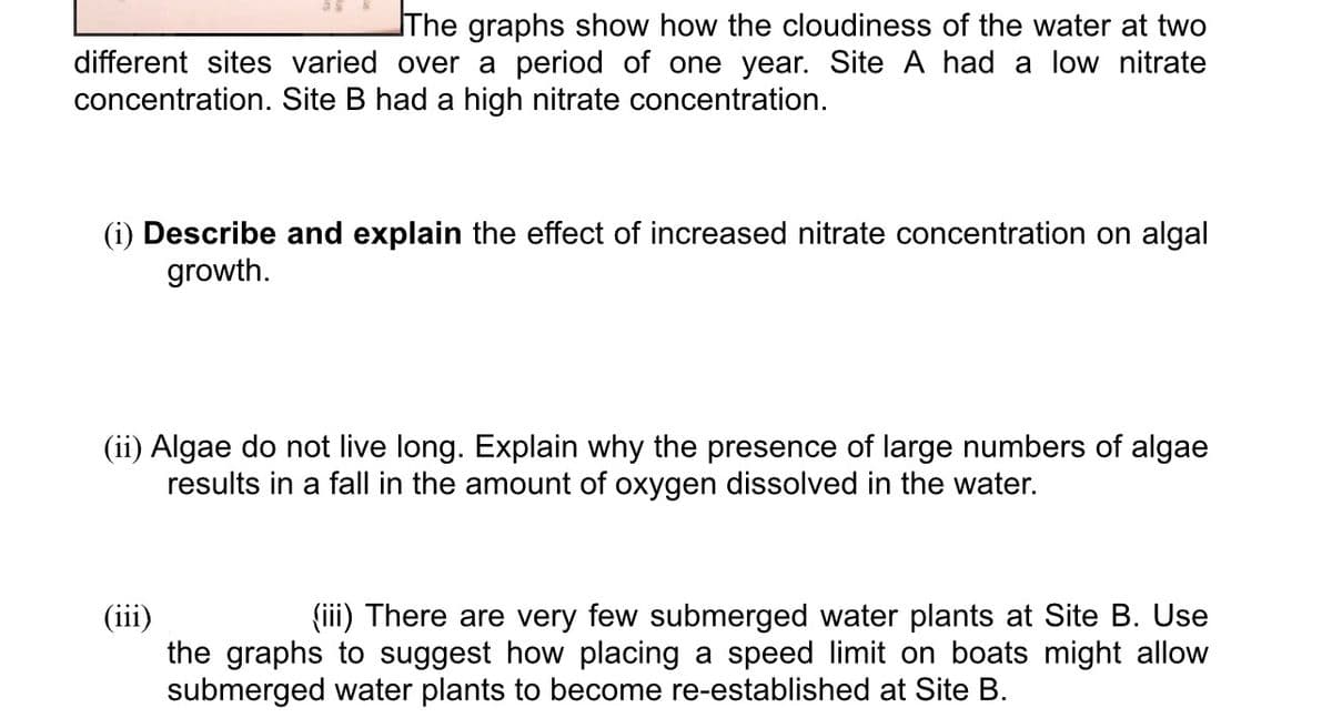 The graphs show how the cloudiness of the water at two
different sites varied over a period of one year. Site A had a low nitrate
concentration. Site B had a high nitrate concentration.
(i) Describe and explain the effect of increased nitrate concentration on algal
growth.
(ii) Algae do not live long. Explain why the presence of large numbers of algae
results in a fall in the amount of oxygen dissolved in the water.
(iii) There are very few submerged water plants at Site B. Use
(iii)
the graphs to suggest how placing a speed limit on boats might allow
submerged water plants to become re-established at Site B.
