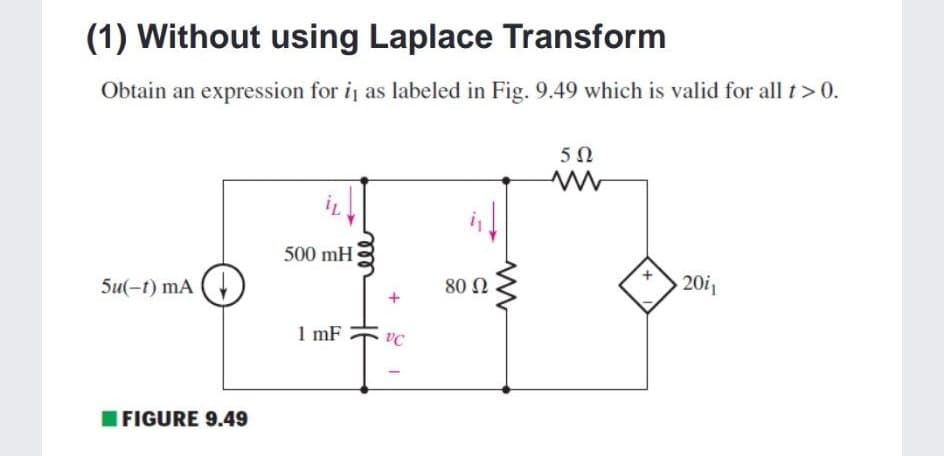 (1) Without using Laplace Transform
Obtain an expression for i as labeled in Fig. 9.49 which is valid for all t> 0.
5Ω
500 mH
5u(-t) mA
80 Ω
20i1
1 mF
IFIGURE 9.49
+
ell
