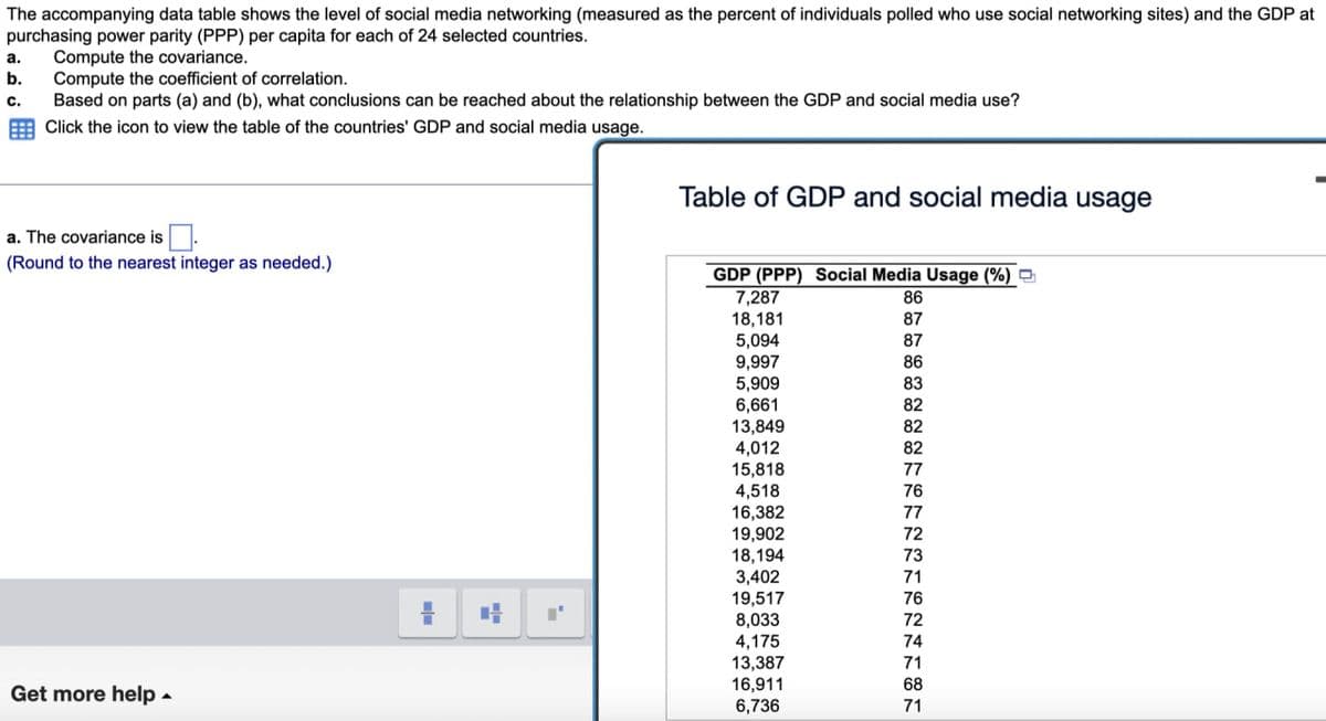 The accompanying data table shows the level of social media networking (measured as the percent of individuals polled who use social networking sites) and the GDP at
purchasing power parity (PPP) per capita for each of 24 selected countries.
Compute the covariance.
a.
b.
Compute the coefficient of correlation.
C.
Based on parts (a) and (b), what conclusions can be reached about the relationship between the GDP and social media use?
Click the icon to view the table of the countries' GDP and social media usage.
Table of GDP and social media usage
a. The covariance is
(Round to the nearest integer as needed.)
GDP (PPP) Social Media Usage (%)
7,287
86
18,181
87
5,094
87
9,997
86
5,909
83
6,661
82
13,849
82
4,012
82
15,818
4,518
16,382
19,902
18,194
3,402
19,517
8,033
4,175
13,387
16,911
Get more help
6,736
FOTECTONITOR
77
76
77
72
73
71
76
72
74
71
68
71