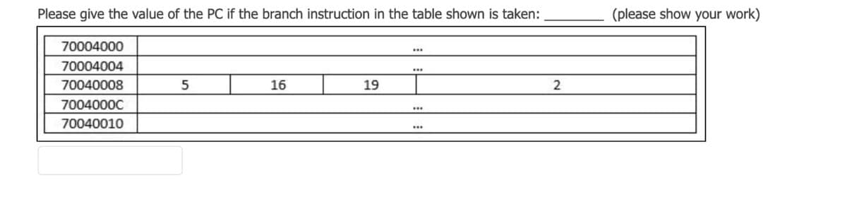 Please give the value of the PC if the branch instruction in the table shown is taken:
70004000
www
70004004
***
70040008
5
16
19
2
7004000C
***
70040010
(please show your work)