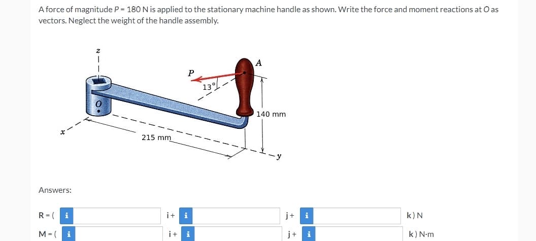 A force of magnitude P = 180 N is applied to the stationary machine handle as shown. Write the force and moment reactions at O as
vectorjs. Neglect the weight of the handle assembly.
A
13°L
140 mm
215 mm
-y
Answers:
R= (
i
i+
j+
i
k)N
M=( i
i+
i
j+
i
k) N-m
