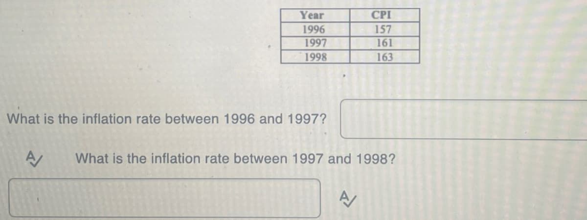 Year
CPI
1996
157
1997
161
1998
163
What is the inflation rate between 1996 and 1997?
A/
What is the inflation rate between 1997 and 1998?
A