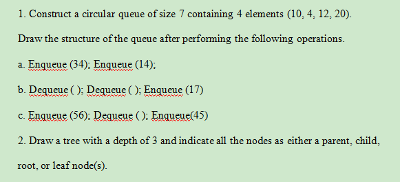 2. Draw a tree with a depth of 3 and indicate all the nodes as either a parent, child,
root, or leaf node(s).
