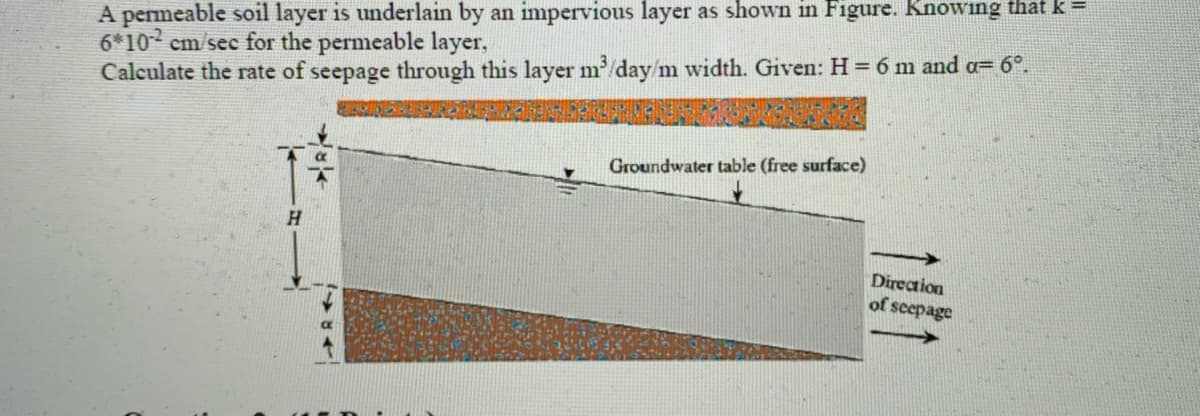 A permeable soil layer is underlain by an impervious layer as shown in Figure. Knowing that k=
6*102 cm/sec for the permeable layer,
Calculate the rate of seepage through this layer m'/day/m width. Given: H=6 m and o= 6°.
Groundwater table (free surface)
H.
Direction
of seepage
