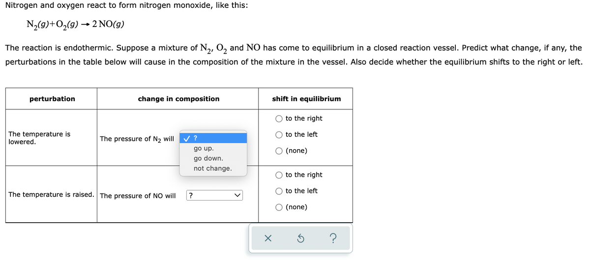 Nitrogen and oxygen react to form nitrogen monoxide, like this:
N2(9)+O2(9) → 2 NO(g)
The reaction is endothermic. Suppose a mixture of N,, O, and NO has come to equilibrium in a closed reaction vessel. Predict what change, if any, the
perturbations in the table below will cause in the composition of the mixture in the vessel. Also decide whether the equilibrium shifts to the right or left.
perturbation
change in composition
shift in equilibrium
to the right
The temperature is
lowered.
to the left
The pressure of N2 will
V ?
go up.
(none)
go down.
not change.
to the right
to the left
The temperature is raised. The pressure of NO will
?
O (none)

