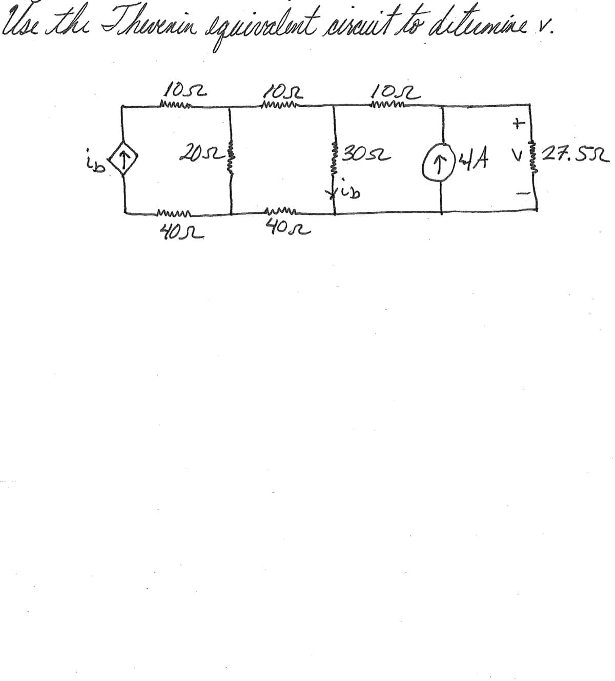 Use the Thevenin equivalent circuit to determine v.
is
1052
MM
2052
чол
1052
чол
10R
3052
fib
+
(14A V127.552