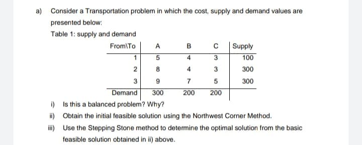 a) Consider a Transportation problem in which the cost, supply and demand values are
presented below:
Table 1: supply and demand
From To
A
B
Supply
1
4
3
100
2
4
3
300
3
9
7
5
300
Demand 300
200
200
i)
Is this a balanced problem? Why?
ii)
Obtain the initial feasible solution using the Northwest Corner Method.
iii)
Use the Stepping Stone method to determine the optimal solution from the basic
feasible solution obtained in ii) above.
10
5
8