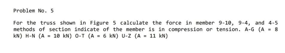 Problem No. 5
For the truss shown in Figure 5 calculate the force in member 9-10, 9-4, and 4-5
methods of section indicate of the member is in compression or tension. A-G (A
kN) H-N (A = 10 kN) 0-T (A = 6 kN) U-Z (A = 11 kN)
= 8
