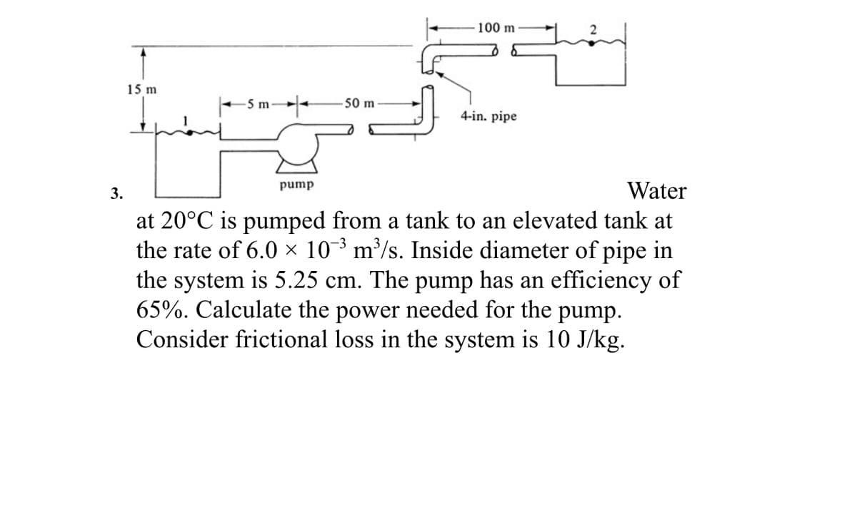 3.
15 m
5 m
t
50 m
pump
100 m
&
4-in. pipe
Water
at 20°C is pumped from a tank to an elevated tank at
the rate of 6.0 × 10³ m³/s. Inside diameter of pipe in
the system is 5.25 cm. The pump has an efficiency of
65%. Calculate the power needed for the pump.
Consider frictional loss in the system is 10 J/kg.