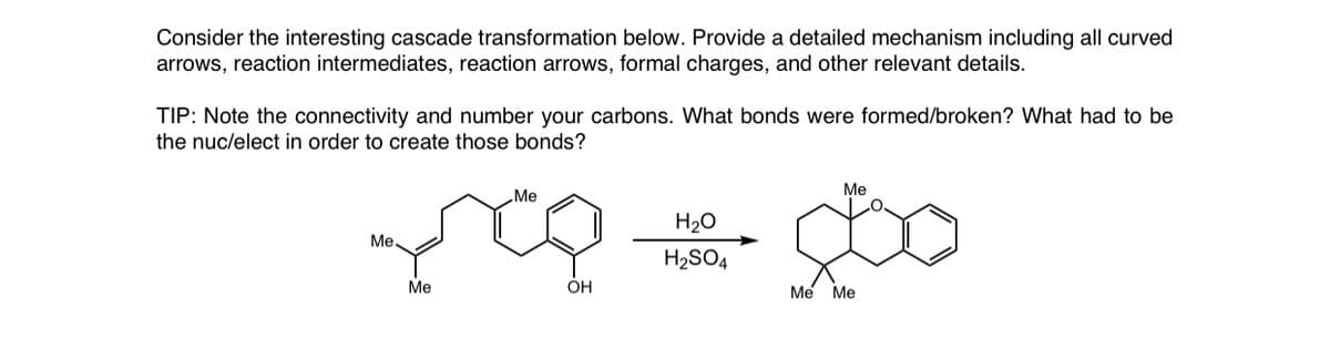 Consider the interesting cascade transformation below. Provide a detailed mechanism including all curved
arrows, reaction intermediates, reaction arrows, formal charges, and other relevant details.
TIP: Note the connectivity and number your carbons. What bonds were formed/broken? What had to be
the nuc/elect in order to create those bonds?
Me
Me
H20
Me.
H2SO4
Me
OH
Me Me
