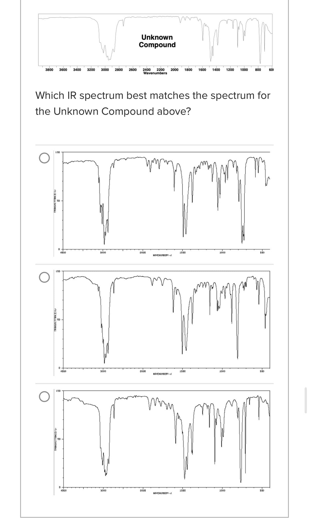 3800 3600 3400 3200 3000 2800 2600
LOO
Which IR spectrum best matches the spectrum for
the Unknown Compound above?
TRANSHETTANCEI
D
LOD
TRANSMITTANCE12
4000
TRANSMITTANCEILI
0
4000
LOD
D
4000
3000
3000
Unknown
Compound
3000
2400 2200 2000 1800 1600 1400 1200 1000 800 600
Wavenumbers
" my
2000
2000
M
2000
HAVENUMBERI
HAVENUMBERI-1
KAVENUMBERI
1500
1500
1500
1000
my
1000
500
1000
500
500