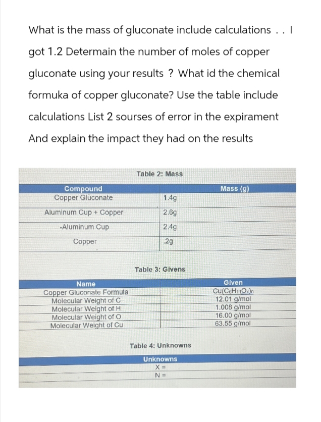 What is the mass of gluconate include calculations. . I
got 1.2 Determain the number of moles of copper
gluconate using your results? What id the chemical
formuka of copper gluconate? Use the table include
calculations List 2 sourses of error in the expirament
And explain the impact they had on the results
Table 2: Mass
Compound
Mass (g)
Copper Gluconate
1.4g
Aluminum Cup + Copper
2.6g
-Aluminum Cup
2.4g
Copper
29
Name
Copper Gluconate Formula
Molecular Weight of C
Molecular Weight of H
Molecular Weight of O
Molecular Weight of Cu
Table 3: Givens
Given
Cu(C6H110x)n
12.01 g/mol
1.008 g/mol
16.00 g/mol
Table 4: Unknowns
Unknowns
x=
63.55 g/mol
N =