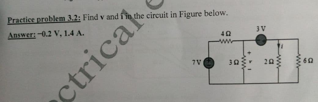 Practice problem 3.2: Find v and i in the circuit in Figure below.
Answer: -0.2 V, 1.4 A.
3 V
7V
32
ww
21
ww
ctricat
