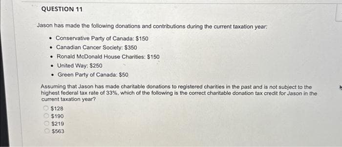 QUESTION 11
Jason has made the following donations and contributions during the current taxation year:
Conservative Party of Canada: $150
• Canadian Cancer Society: $350
. Ronald McDonald House Charities: $150
• United Way: $250
• Green Party of Canada: $50
Assuming that Jason has made charitable donations to registered charities in the past and is not subject to the
highest federal tax rate of 33%, which of the following is the correct charitable donation tax credit for Jason in the
current taxation year?
$128
$190
$219
$563