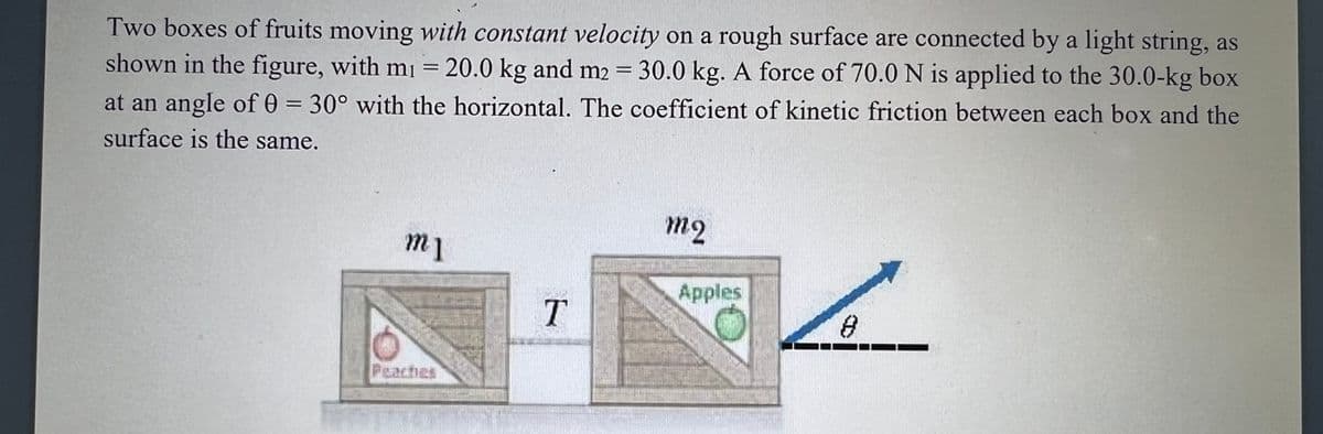 Two boxes of fruits moving with constant velocity on a rough surface are connected by a light string, as
shown in the figure, with mı = 20.0 kg and m2 = 30.0 kg. A force of 70.0 N is applied to the 30.0-kg box
at an angle of 0 = 30° with the horizontal. The coefficient of kinetic friction between each box and the
surface is the same.
m2
m1
Apples
Peachies
