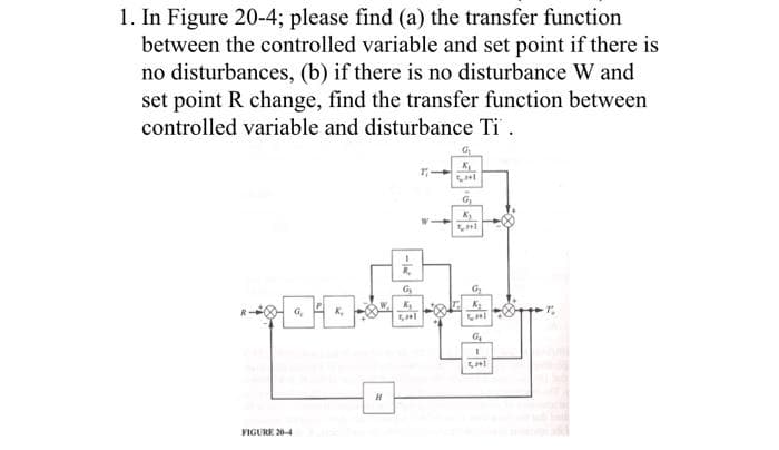 1. In Figure 20-4; please find (a) the transfer function
between the controlled variable and set point if there is
no disturbances, (b) if there is no disturbance W and
set point R change, find the transfer function between
controlled variable and disturbance Ti.
a
K₁
7₁-
GHI
G₂
K₂
G₂
K₂
FIGURE 20-4
H
G₂
K₂
GHI
G₂
K₂
GHI
G₂
&