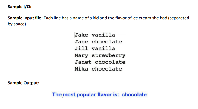 Sample I/0:
Sample Input file: Each line has a name of a kid and the flavor of ice cream she had (separated
by space)
Jake vanilla
Jane chocolate
Jill vanilla
Mary strawberry
Janet chocolate
Mika chocolate
Sample Output:
The most popular flavor is: chocolate

