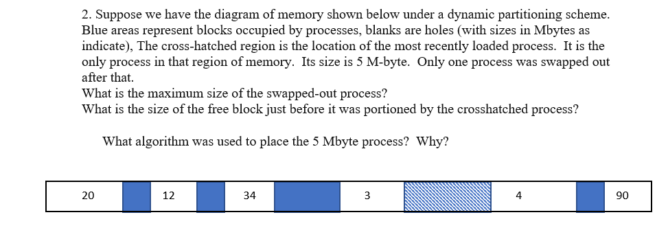 2. Suppose we have the diagram of memory shown below under a dynamic partitioning scheme.
Blue areas represent blocks occupied by processes, blanks are holes (with sizes in Mbytes as
indicate), The cross-hatched region is the location of the most recently loaded process. It is the
only process in that region of memory. Its size is 5 M-byte. Only one process was swapped out
after that.
What is the maximum size of the swapped-out process?
What is the size of the free block just before it was portioned by the crosshatched process?
What algorithm was used to place the 5 Mbyte process? Why?
12
34
3
4
06
20
