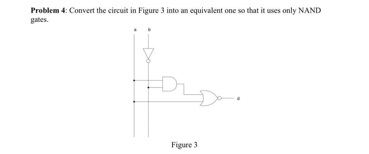 Problem 4: Convert the circuit in Figure 3 into an equivalent one so that it uses only NAND
gates.
a
d.
Figure 3
