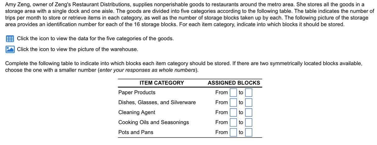 Amy Zeng, owner of Zeng's Restaurant Distributions, supplies nonperishable goods to restaurants around the metro area. She stores all the goods in a
storage area with a single dock and one aisle. The goods are divided into five categories according to the following table. The table indicates the number of
trips per month to store or retrieve items in each category, as well as the number of storage blocks taken up by each. The following picture of the storage
area provides an identification number for each of the 16 storage blocks. For each item category, indicate into which blocks it should be stored.
Click the icon to view the data for the five categories of the goods.
Click the icon to view the picture of the warehouse.
Complete the following table to indicate into which blocks each item category should be stored. If there are two symmetrically located blocks available,
choose the one with a smaller number (enter your responses as whole numbers).
ITEM CATEGORY
Paper Products
Dishes, Glasses, and Silverware
Cleaning Agent
Cooking Oils and Seasonings
Pots and Pans
ASSIGNED BLOCKS
From
to
From
to
From
to
From to
From
to