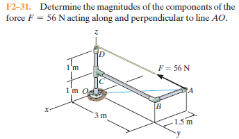 F2-31. Determine the magnitudes of the components of the
force F = 56 N acting along and perpendicular to line AO.
F = 56 N
1'm O
DA
3 m
1.5 m
