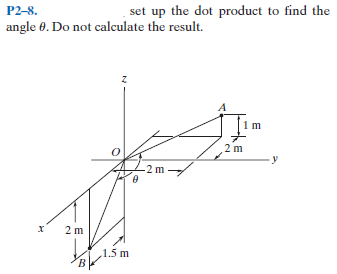 P2-8.
set up the dot product to find the
angle 0. Do not calculate the result.
m
2 m
-2 m
2 m
1.5 m
Fhe
