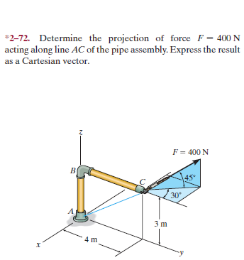 *2-72. Determine the projection of force F = 400 N
acting along line AC of the pipe assembly. Express the result
as a Cartesian vector.
F = 400 N
45
30
3 m
4 m
N-
