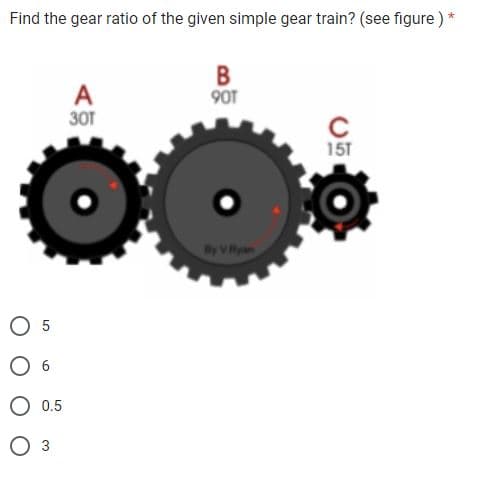 Find the gear ratio of the given simple gear train? (see figure ) *
5
0.5
O 3
A
301
B
901
C
By V. Ryan
C
15T
