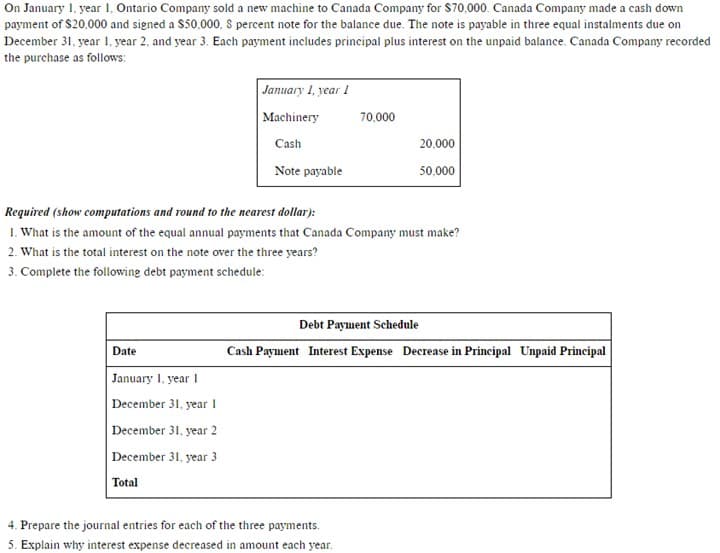 On January 1, year 1, Ontario Company sold a new machine to Canada Company for $70,000. Canada Company made a cash down
payment of $20,000 and signed a $50,000, S percent note for the balance due. The note is payable in three equal instalments due on
December 31, year 1, year 2, and year 3. Each payment includes principal plus interest on the unpaid balance. Canada Company recorded
the purchase as follows:
Date
January 1, year I
December 31, year I
January 1, year I
Machinery
Cash
Note payable
Required (show computations and round to the nearest dollar):
1. What is the amount of the equal annual payments that Canada Company must make?
2. What is the total interest on the note over the three years?
3. Complete the following debt payment schedule:
December 31, year 2
December 31, year 3
Total
70,000
20,000
50,000
4. Prepare the journal entries for each of the three payments.
5. Explain why interest expense decreased in amount each year.
Debt Payment Schedule
Cash Payment Interest Expense Decrease in Principal Unpaid Principal