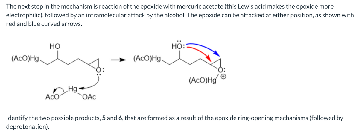 The next step in the mechanism is reaction of the epoxide with mercuric acetate (this Lewis acid makes the epoxide more
electrophilic), followed by an intramolecular attack by the alcohol. The epoxide can be attacked at either position, as shown with
red and blue curved arrows.
ميد
(AcO)Hg.
HO
ACO
Hg
OAC
(AcO)Hg.
HO:
(AcO)Hg
Identify the two possible products, 5 and 6, that are formed as a result of the epoxide ring-opening mechanisms (followed by
deprotonation).