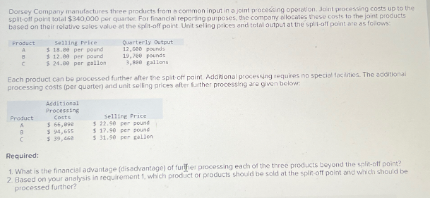 Dorsey Company manufactures three products from a common input in a joint processing operation. Joint processing costs up to the
split-off point total $340,000 per quarter. For financial reporting purposes, the company allocates these costs to the joint products
based on their relative sales value at the split-off point. Unit selling prices and total output at the split-off point are as follows:
Product
A
B
C
Selling Price
$18.00 per pound
$ 12.00 per pound
$ 24.00 per gallon.
Product
A
B
C
Each product can be processed further after the split-off point. Additional processing requires no special facilities. The additional
processing costs (per quarter) and unit selling prices after further processing are given below:
Quarterly Output
12,600 pounds
19,700 pounds
3,880 gallons
Additional
Processing
Costs
$ 66,090
$ 94,655
$ 39,460
Selling Price
$22.90 per pound
$17.90 per pound
$31.90 per gallon.
Required:
1. What is the financial advantage (disadvantage) of further processing each of the three products beyond the split-off point?
2. Based on your analysis in requirement 1, which product or products should be sold at the split-off point and which should be
processed further?