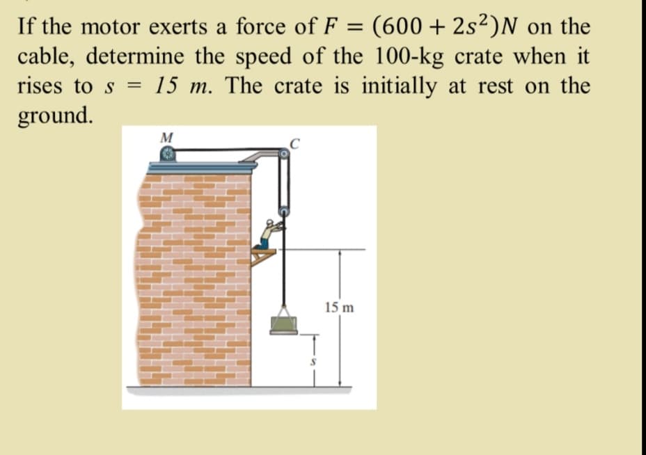 If the motor exerts a force of F = (600 + 2s²)N on the
cable, determine the speed of the 100-kg crate when it
rises to s = 15 m. The crate is initially at rest on the
ground.
M
15 m
