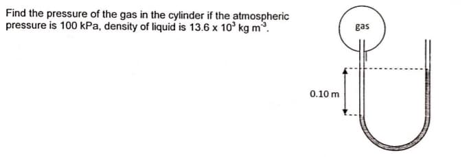 Find the pressure of the gas in the cylinder if the atmospheric
pressure is 100 kPa, density of liquid is 13.6 x 10° kg m.
gas
0.10 m
