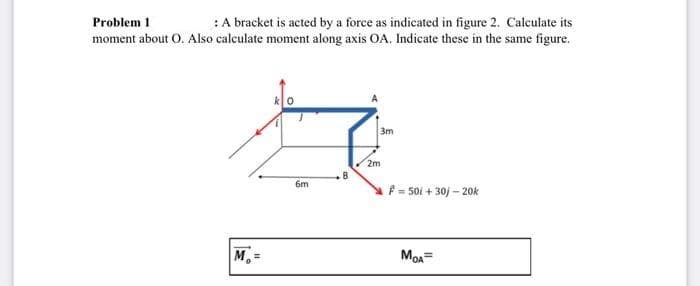 :A bracket is acted by a force as indicated in figure 2. Calculate its
moment about O. Also calculate moment along axis OA. Indicate these in the same figure.
Problem 1
3m
2m
6m
A = 50i + 30/ - 20k
M.
MOA=
