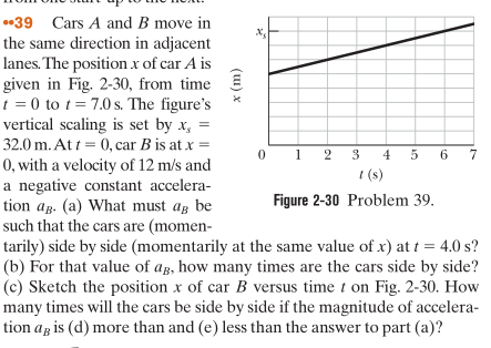 •39 Cars A and B move in
the same direction in adjacent
lanes. The position x of car A is
given in Fig. 2-30, from time
t = 0 to t = 7.0 s. The figure's
vertical scaling is set by x, =
32.0 m. At i = 0, car B is at x =
0, with a velocity of 12 m/s and
a negative constant accelera-
tion ag. (a) What must ag be
such that the cars are (momen-
tarily) side by side (momentarily at the same value of x) at t = 4.0 s?
(b) For that value of ag, how many times are the cars side by side?
(c) Sketch the position x of car B versus time t on Fig. 2-30. How
many times will the cars be side by side if the magnitude of accelera-
tion ag is (d) more than and (e) less than the answer to part (a)?
1 2 3
4 5 6
1 (s)
7
Figure 2-30 Problem 39.
(u) x
