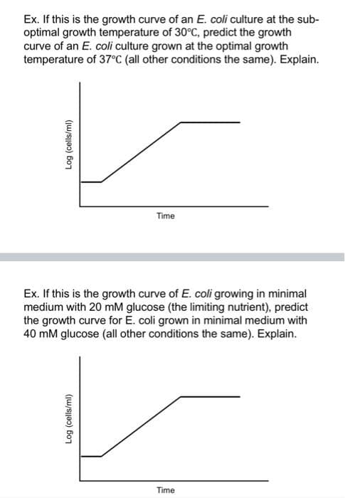 Ex. If this is the growth curve of an E. coli culture at the sub-
optimal growth temperature of 30°C, predict the growth
curve of an E. coli culture grown at the optimal growth
temperature of 37°C (all other conditions the same). Explain.
Log (cells/ml)
Time
Ex. If this is the growth curve of E. coli growing in minimal
medium with 20 mM glucose (the limiting nutrient), predict
the growth curve for E. coli grown in minimal medium with
40 mM glucose (all other conditions the same). Explain.
Log (cells/ml)
Time