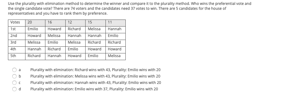 Use the plurality with elimination method to determine the winner and compare it to the plurality method. Who wins the preferential vote and
the single candidate vote? There are 74 voters and the candidates need 37 votes to win. There are 5 candidates for the house of
representatives and you have to rank them by preference.
Votes
20
16
12
15
11
1st
Emilio
Howard
Richard
Melissa
Hannah
2nd
Howard
Melissa
Hannah
Hannah
Emilio
3rd
Melissa
Emilio
Melissa
Richard
Richard
4th
Hannah
Richard
Emilio
Howard
Howard
5th
Richard Hannah Howard Emilio
Melissa
a
Plurality with elimination: Richard wins with 43, Plurality: Emilio wins with 20
Plurality with elimination: Melissa wins with 43, Plurality: Emilio wins with 20
Plurality with elimination: Hannah wins with 43, Plurality: Emilio wins with 20
d.
Plurality with elimination: Emilio wins with 37, Plurality: Emilio wins with 20
