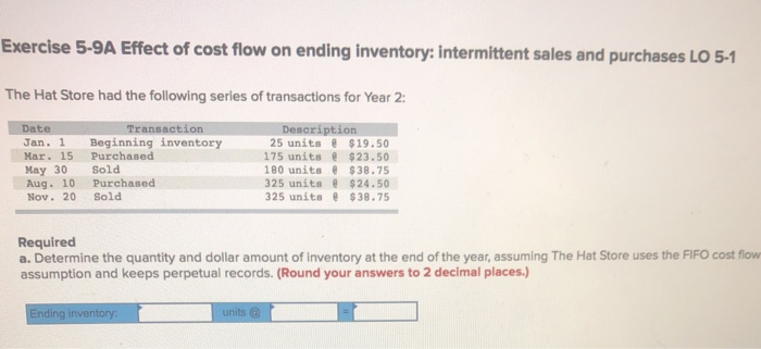 Exercise 5-9A Effect of cost flow on ending inventory: intermittent sales and purchases LO 5-1
The Hat Store had the following series of transactions for Year 2:
Date:
Jan. 1 Beginning inventory
Purchased
Sold
Purchased
Sold
Mar. 15.
May 30
Aug. 10
Nov. 20
Transaction
Ending inventory:
Required
a. Determine the quantity and dollar amount of inventory at the end of the year, assuming The Hat Store uses the FIFO cost flow
assumption and keeps perpetual records. (Round your answers to 2 decimal places.)
Description
25 units @ $19.50
175 units @ $23.50
180 units @
$38.75
325 units @ $24.50
325 units @ $38.75
units @