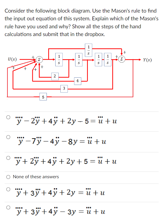 Consider the following block diagram. Use the Mason's rule to find
the input out equation of this system. Explain which of the Mason's
rule have you used and why? Show all the steps of the hand
calculations and submit that in the dropbox.
U(s)
+
'+
Σ
+
5
2
1
3
لنا
None of these answers
4
1
1
S
¨ÿ − 2ÿ+4ÿ+2y-5=u+u
y-7y-4y - 8y = u + u
1
y + 2y + 4y + 2y + 5 = ü+u
ÿ+3ÿ+4ÿ+ 2y = ü+u
y+3y + 4y - 3y = u + u
(Σ
+
Y(s)