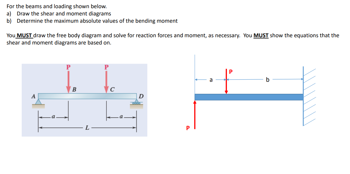For the beams and loading shown below.
a) Draw the shear and moment diagrams
b) Determine the maximum absolute values of the bending moment
You MUST draw the free body diagram and solve for reaction forces and moment, as necessary. You MUST show the equations that the
shear and moment diagrams are based on.
A
P
B
L
P
C
P
a
Р
b