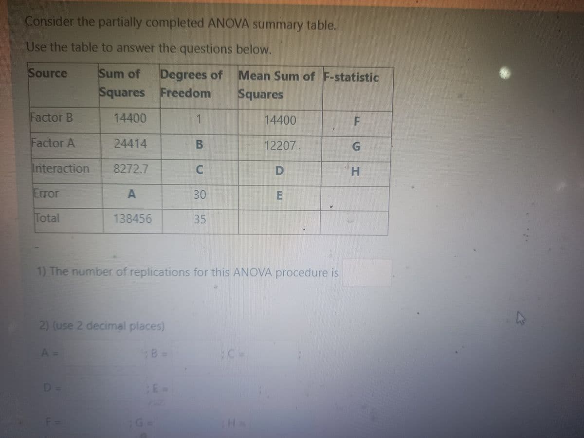 Consider the partially completed ANOVA summary table.
Use the table to answer the questions below.
Source
Factor B
Factor A
Interaction
Error
Total
A =
Sum of
Squares
14400
D =
24414
F =
8272.7
138456
2) (use 2 decimal places)
Degrees of
Freedom
1) The number of replications for this ANOVA procedure is
B =
;E=
G=
B
C
Mean Sum of F-statistic
Squares
;C=
14400
12207.
D
E
H =
F
G
H