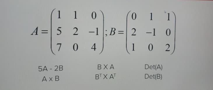 1 1 0
(0 1 1
A =| 5 2 -1;B=| 2 -1 0
7 0 4
1 02
5A - 2B
ВХА
Det(A)
Ax B
BTX AT
Det(B)
