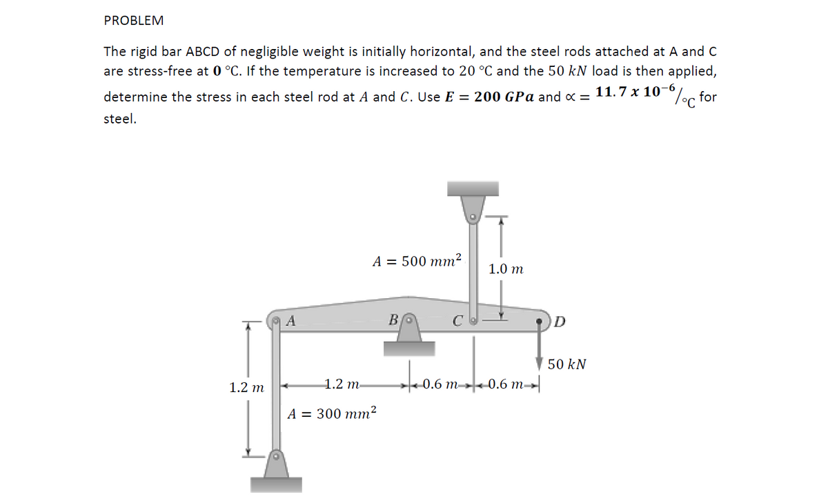 PROBLEM
The rigid bar ABCD of negligible weight is initially horizontal, and the steel rods attached at A and C
are stress-free at 0 °C. If the temperature is increased to 20 °C and the 50 kN load is then applied,
11.7 x 10-6
%c for
determine the stress in each steel rod at A and C. Use E = 200 GPa and « =
steel.
А 3 500 тт?
1.0 т
A
B
C
D
50 kN
1.2 m
1.2 m
0.6 m 0.6 m→
А — 300 тт?
