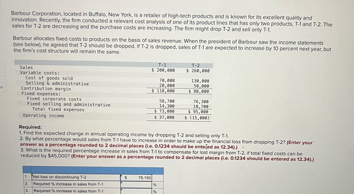 Barbour Corporation, located in Buffalo, New York, is a retailer of high-tech products and is known for its excellent quality and
innovation. Recently, the firm conducted a relevant cost analysis of one of its product lines that has only two products, T-1 and T-2. The
sales for T-2 are decreasing and the purchase costs are increasing. The firm might drop T-2 and sell only T-1.
Barbour allocates fixed costs to products on the basis of sales revenue. When the president of Barbour saw the income statements
(see below), he agreed that T-2 should be dropped. If T-2 is dropped, sales of T-1 are expected to increase by 10 percent next year, but
the firm's cost structure will remain the same.
Sales
Variable costs:
Cost of goods sold
Selling & administrative
Contribution margin
es
Fixed expenses:
Fixed corporate costs
Fixed selling and administrative
Total fixed expenses
Operating income
Required:
T-1
$ 200,000
70,000
20,000
$ 110,000
58,700
14,300
$ 73,000
T-2
$ 260,000
130,000
50,000
$ 80,000
76,300
18,700
$ 95,000
$ 37,000 $ (15,000)
1. Find the expected change in annual operating income by dropping T-2 and selling only T-1.
2. By what percentage would sales from T-1 have to increase in order to make up the financial loss from dropping T-2? (Enter your
answer as a percentage rounded to 2 decimal places (i.e. 0.1234 should be entered as 12.34).)/
3. What is the required percentage increase in sales from T-1 to compensate for lost margin from T-2, if total fixed costs can be
reduced by $45,000? (Enter your answer as a percentage rounded to 2 decimal places (i.e. 0.1234 should be entered as 12.34).)
1.
Net loss on discontinuing T-2
$
79,150
2.
Required % increase in sales from T-1
%
3. Required % increase in sales from T-1
%