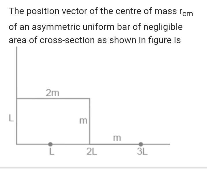 The position vector of the centre of mass rom
of an asymmetric uniform bar of negligible
area of cross-section as shown in figure is
2m
m
m
2L
3L
